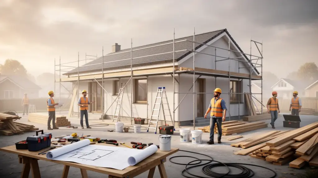 Achat immobilier avec travaux, maison en rénovation, ouvriers, outils