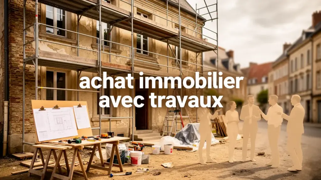 Maison ancienne rénovée avec échafaudages et outils, achat immobilier avec travaux