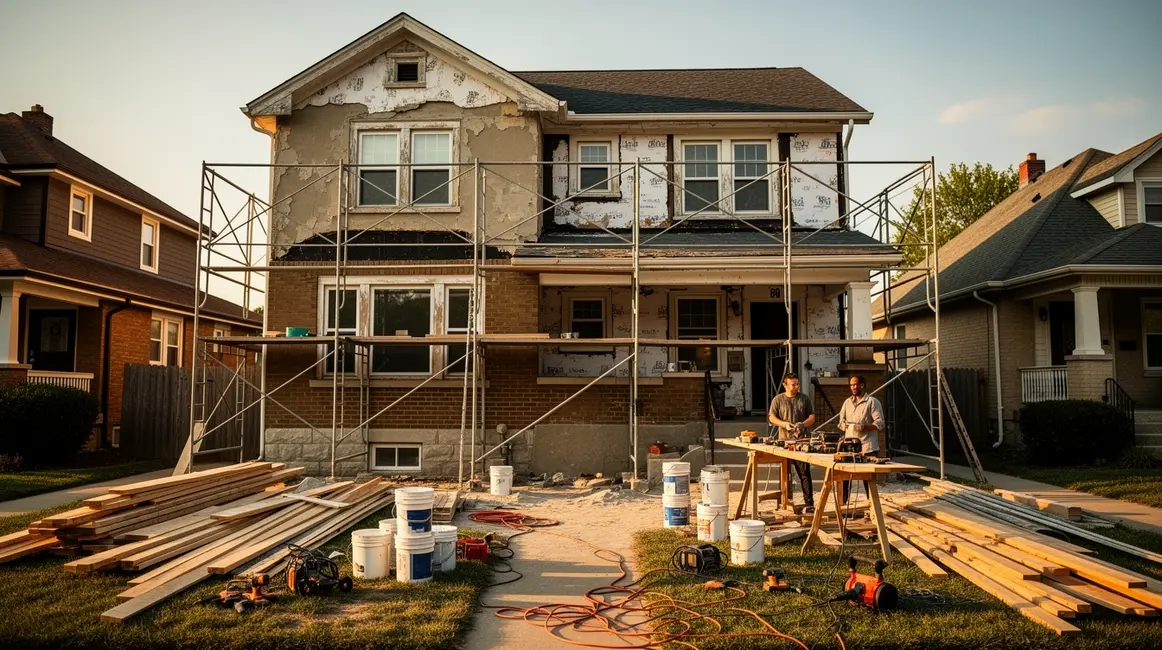 achat immobilier avec travaux : guide débutant sans jargon 2 maison ancienne en renovation echafaudage potentiel