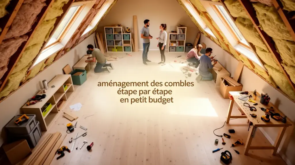 Vue grenier aménagé petit budget bois isolation meubles modulaires