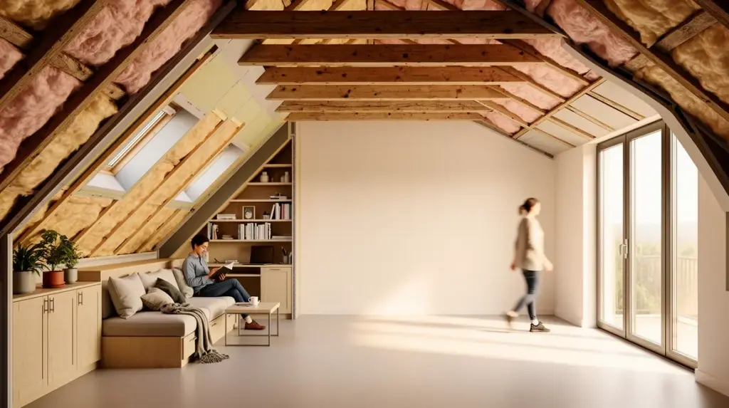 Grenier transformé en espace de vie lumineux avec isolation et mobilier sous pente