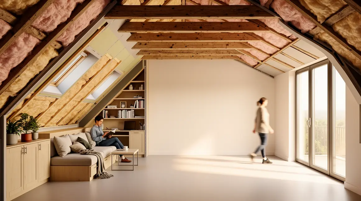 Grenier transformé en espace de vie lumineux avec isolation et mobilier sous pente