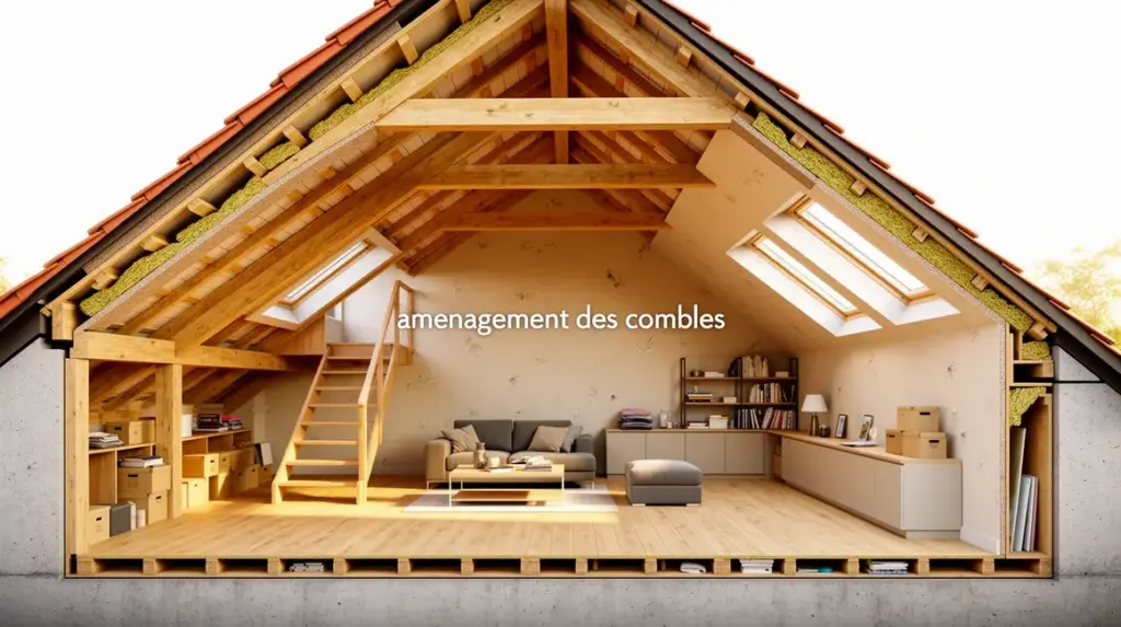 Coupe grenier aménagé avec charpente, plancher et escalier