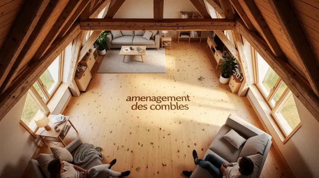 grenier aménagé moderne sous pente, poutres et lumière naturelle