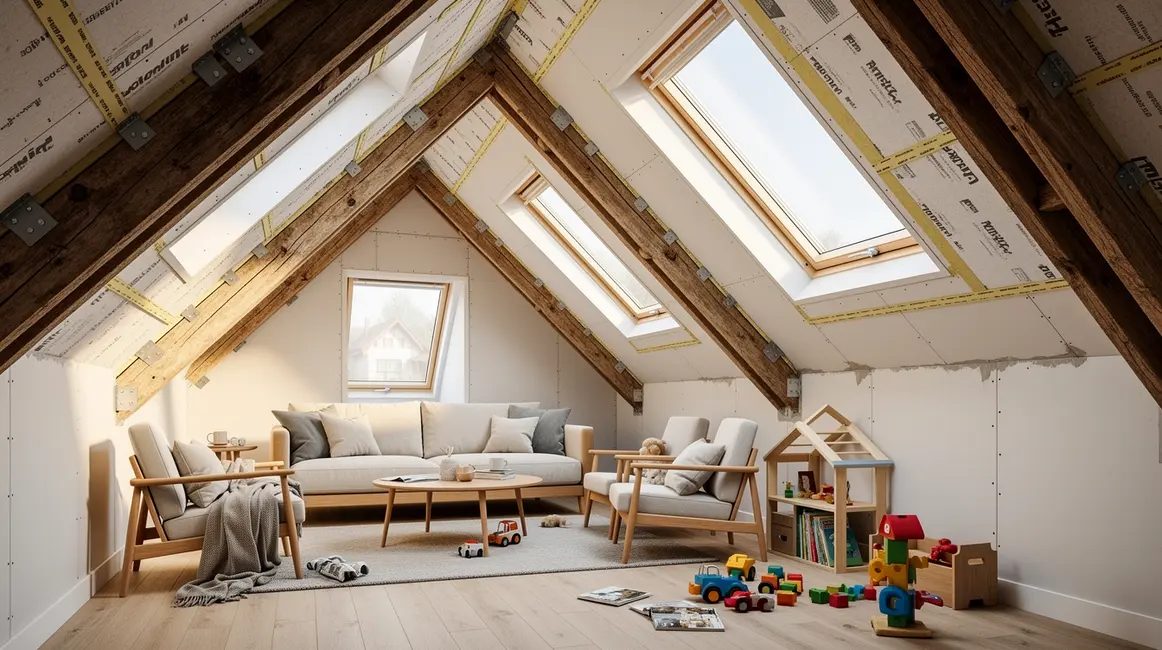 aménagement des combles : bonnes pratiques pour un résultat durable 2 grenier amenage moderne lumineux poutres velux isolation