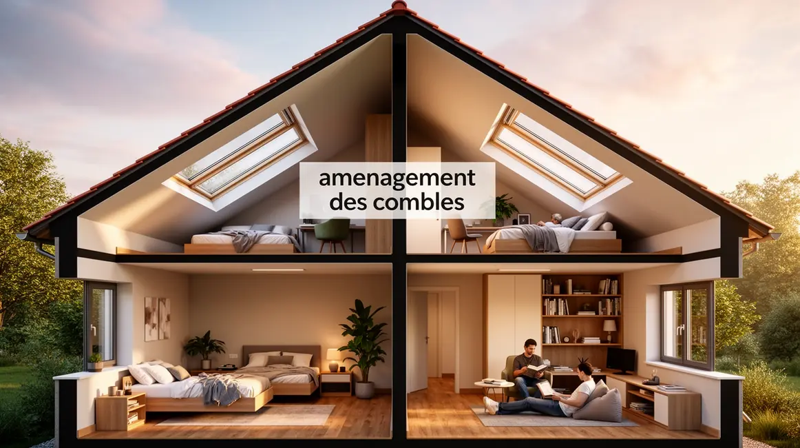 aménagement des combles : conseils concrets pour éviter les pièges en petit budget 2 coupe maison combles amenages meubles sous pente fenetres de toit