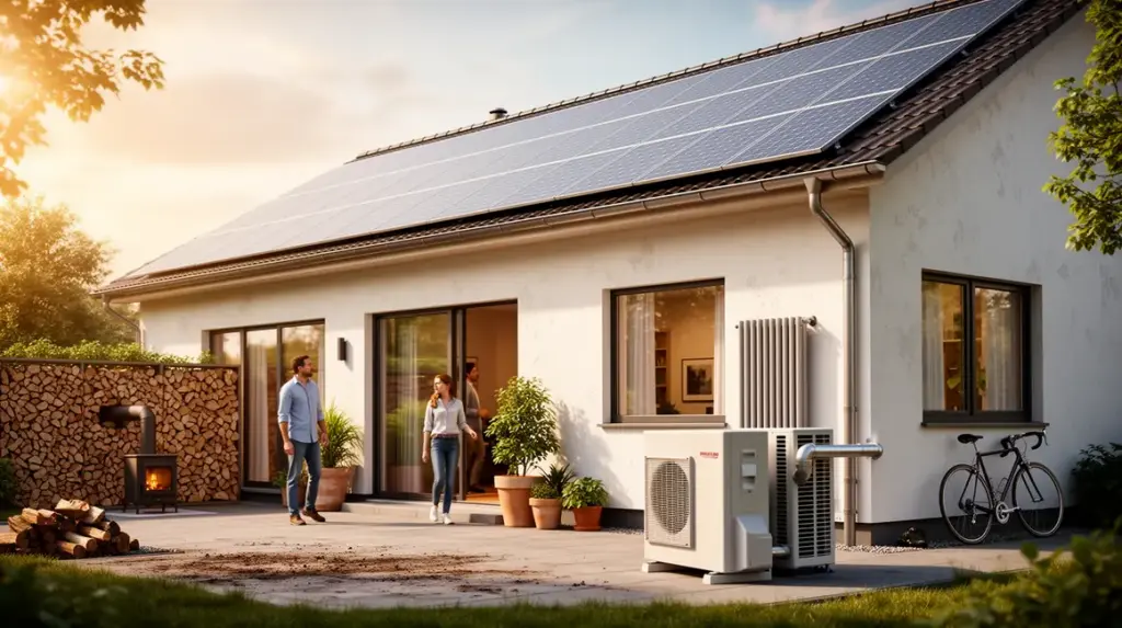 Maison individuelle entourée de symboles énergies chauffage économique