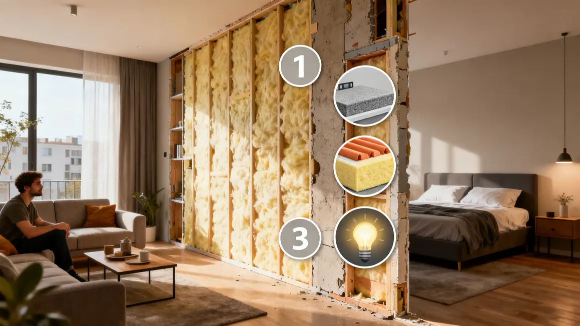 Cloison intérieure coupe appartement isolant pictogrammes