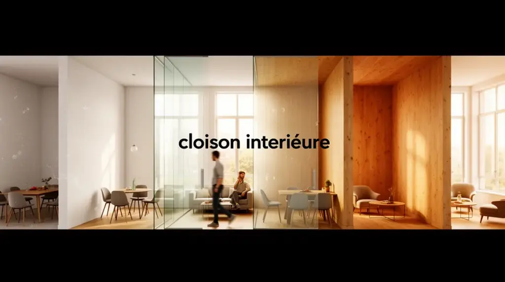 Vue photo-réaliste cloison intérieure salon chambre bois verre