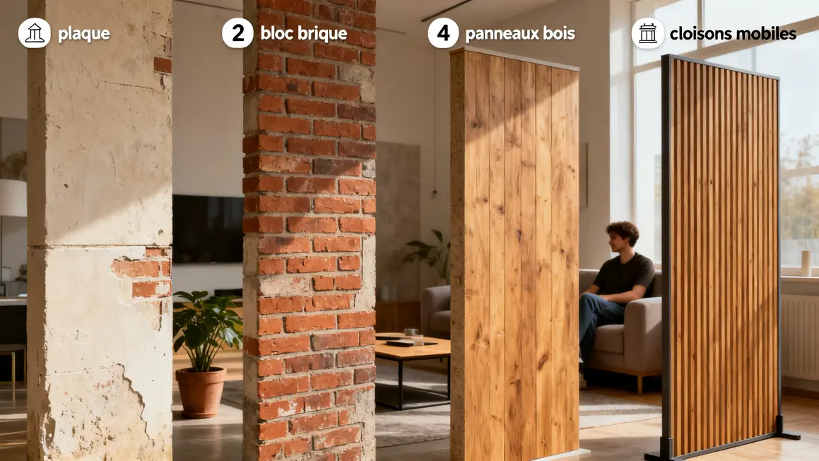tableau cloisons plâtre brique bois modulaire intérieur moderne