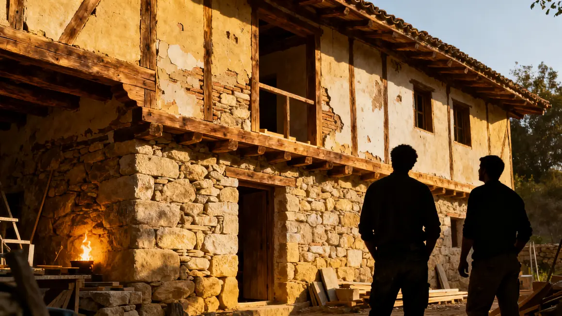 rénovation de maison ancienne : checklist avant de se lancer 3 Ouvriers analysant maison ancienne pierre bois torchis