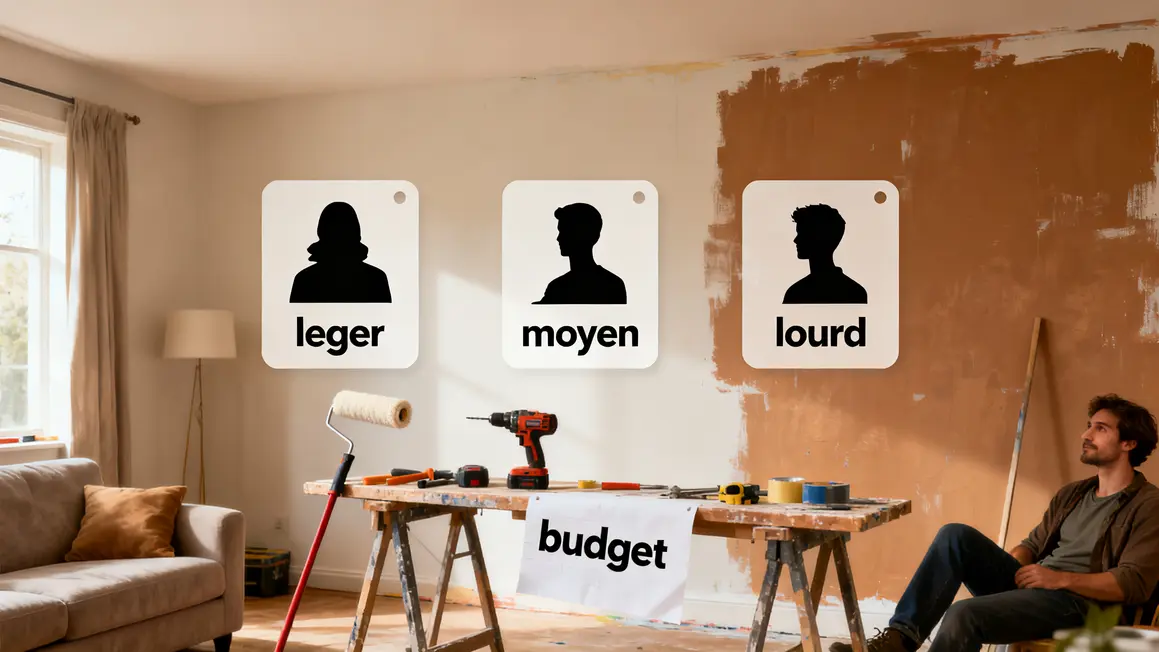 achat immobilier avec travaux : critères de choix vraiment utiles 3 Salon vide, étiquettes travaux, budget, achat immobilier avec travaux