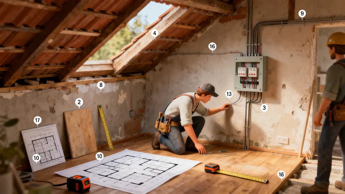 Artisan inspecte murs sol toiture maison ancienne