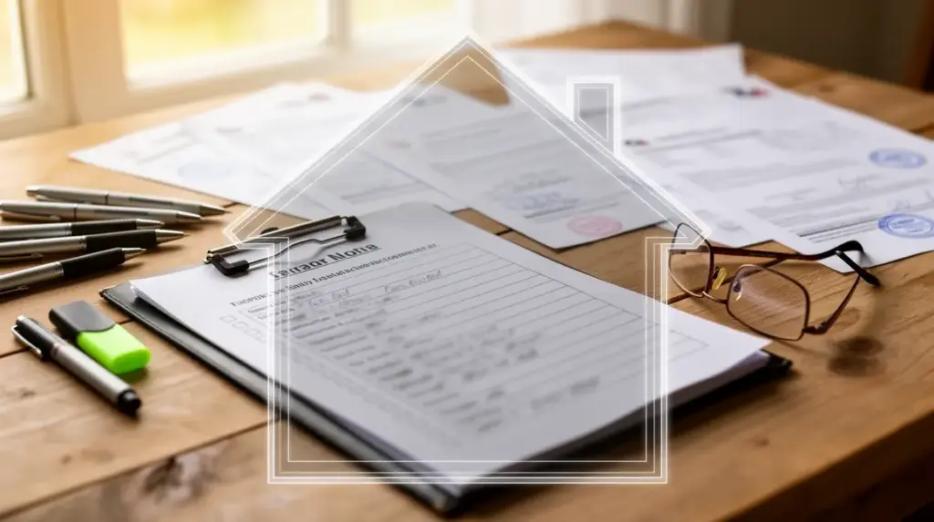 Checklist diagnostic immobilier sur table dossiers lunettes