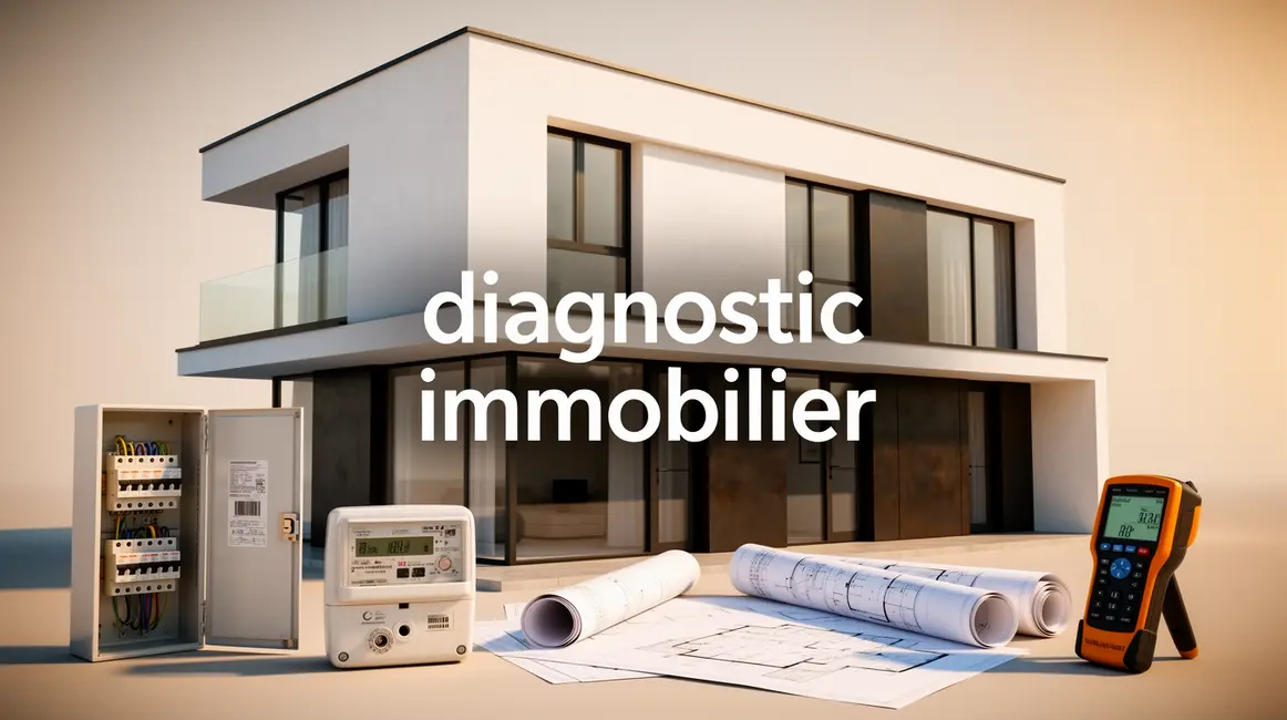 Visuel diagnostic immobilier outils sur fond neutre