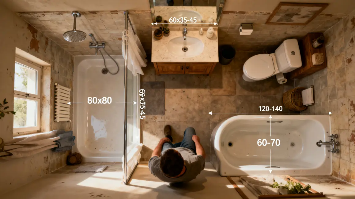 Dimensions équipements salle de bains compacte plan technique