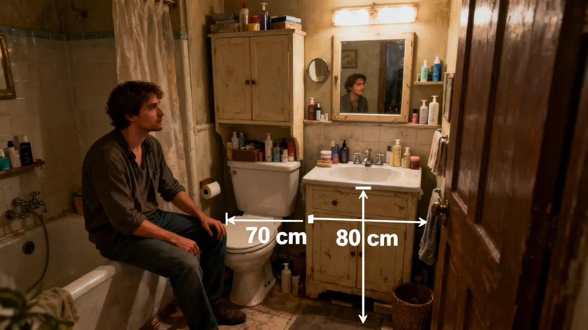 Salle de bains compacte meuble volumineux circulation genee distances