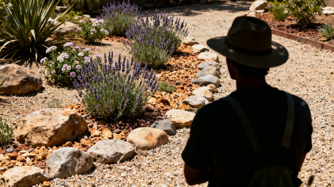 jardin sec : guide débutant sans jargon 3 Jardin sec avec graviers lavandes cistes paillage et silhouette