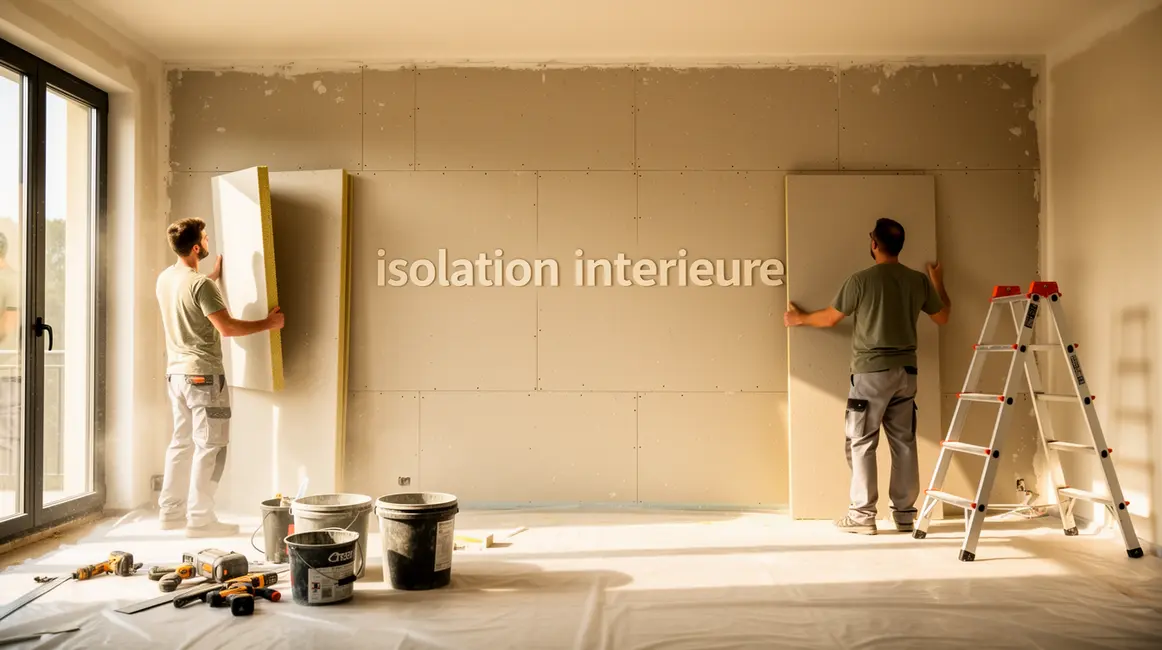 salon en travaux ouvriers panneaux isolants