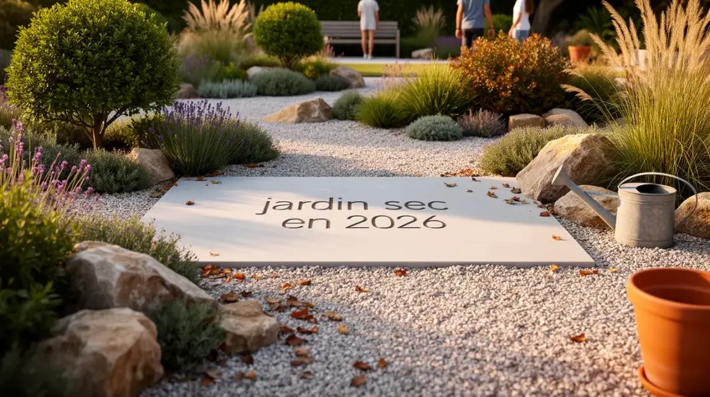 Vue photorealiste jardin sec 2026 contemporain plantes mediterraneennes graviers textures