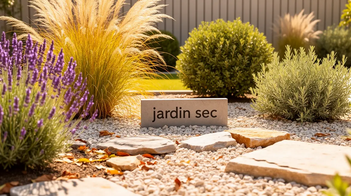 jardin sec : guide débutant sans jargon 2 Vue photoréaliste d’un jardin sec avec lavandes graminées et paillage minéral