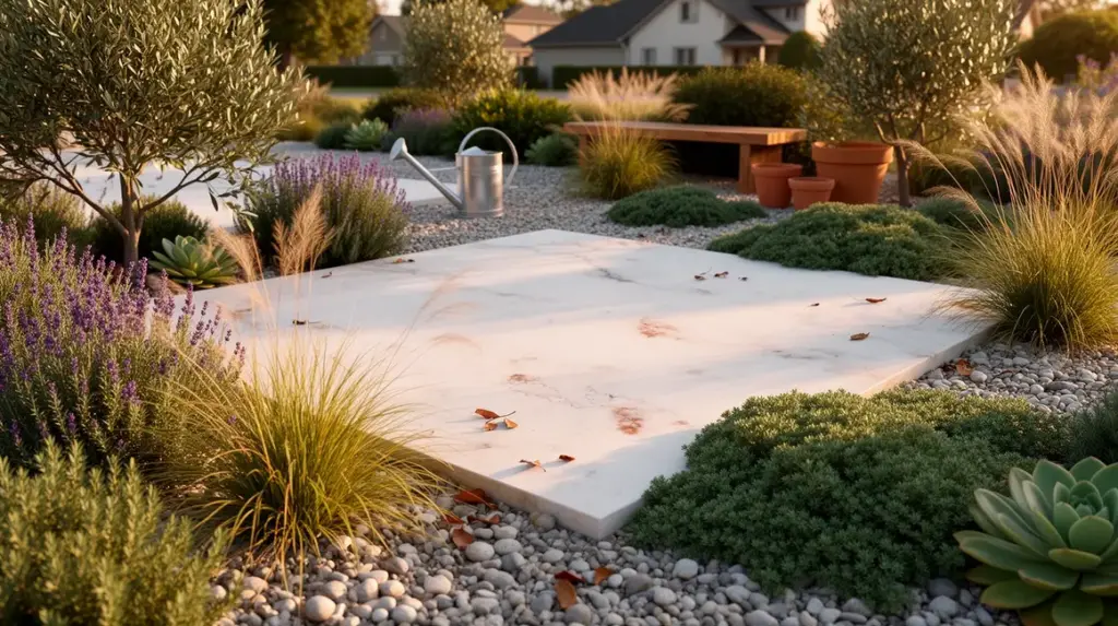 jardin sec photorealiste gravier galet plante mediterraneenne