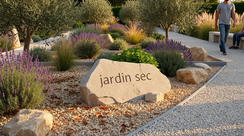 vue photorealiste jardin sec avec massifs mediterranneens et paillage minerale