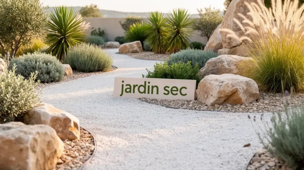 vue photorealiste jardin sec moderne paillage mineral