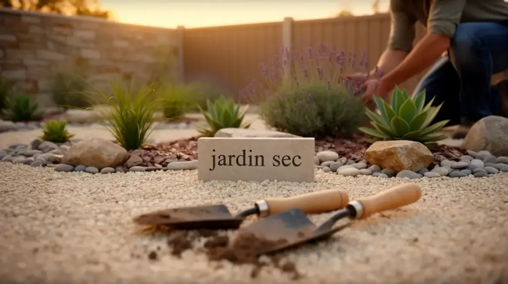 petit jardin sec avec gravillons pierres plantes resistantes