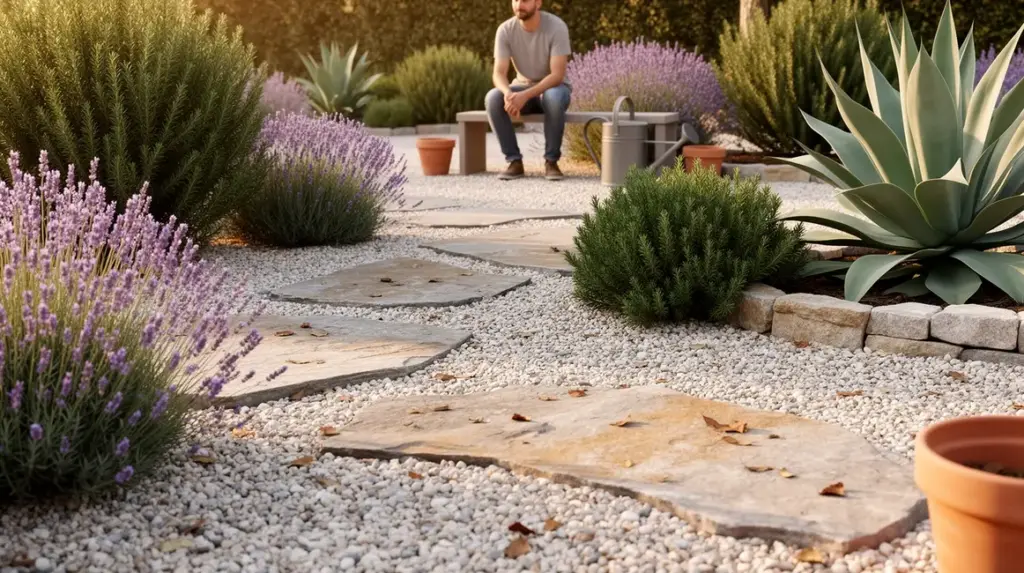 jardin sec avec galets lavande romarin agaves pierres