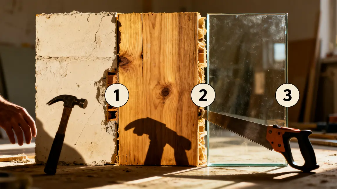 Trois cloisons intérieures visualisées plâtre bois verre