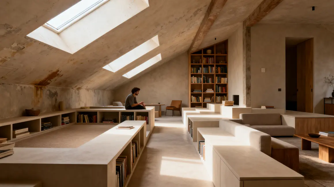 aménagement des combles : conseils concrets pour éviter les pièges 4 Rangements bas et mobilier sur-mesure sous pente avec lumière naturelle