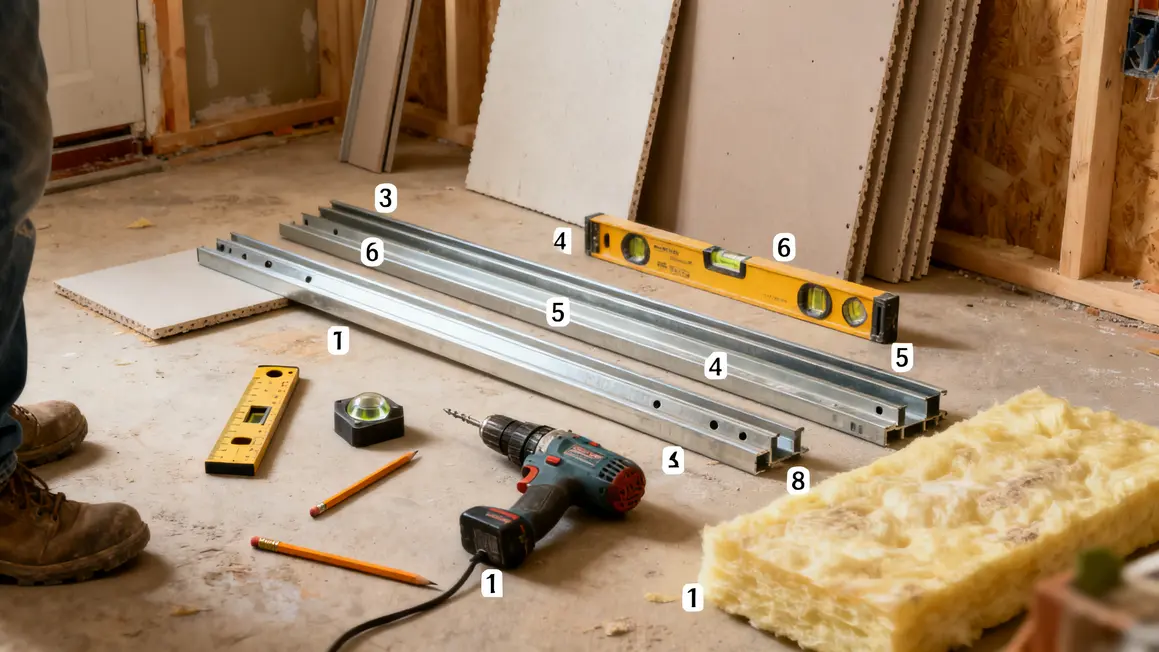 outils et materiaux pour cloison interieure poses au sol