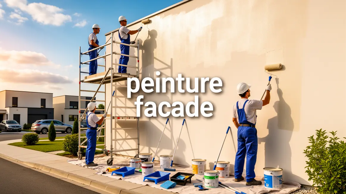 Peinture facade equipe chantier outils pots rouleaux echafaudages