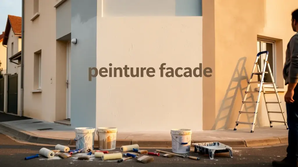 façade maison rénovée avec peinture facade et outils