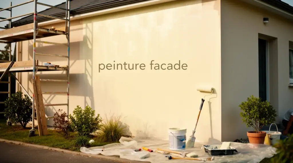 Maison façade moderne en peinture, outils, échafaudage