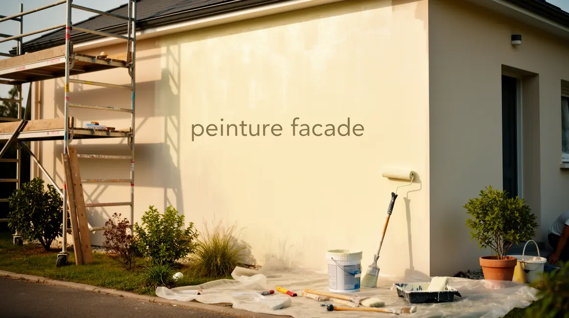 Maison façade moderne en peinture, outils, échafaudage