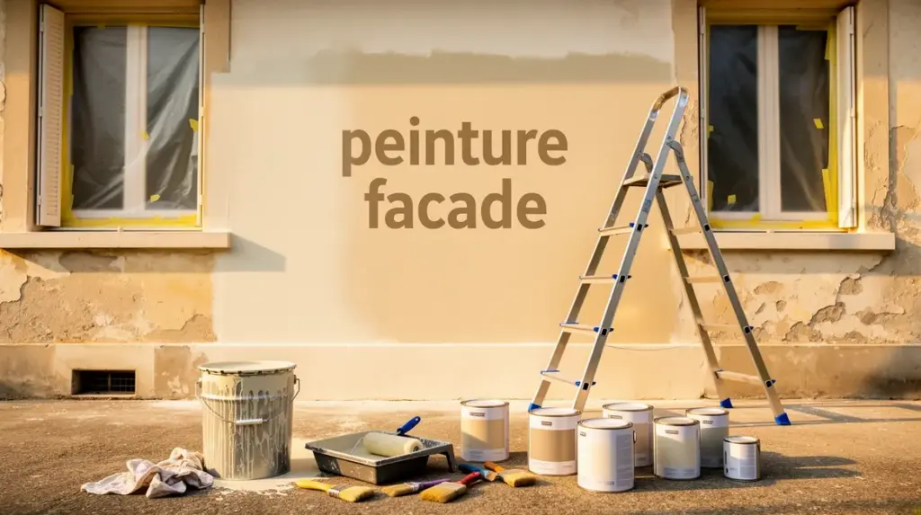 façade en rénovation avec peinture façade outils rouleau seau
