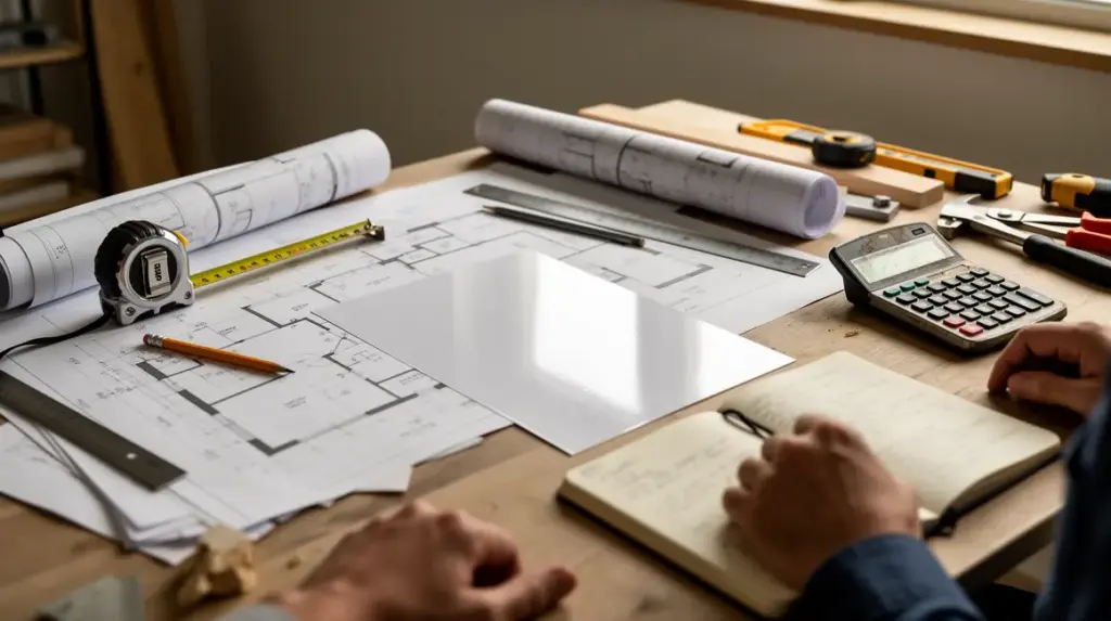 Vue plan de renovation sur bureau avec outils