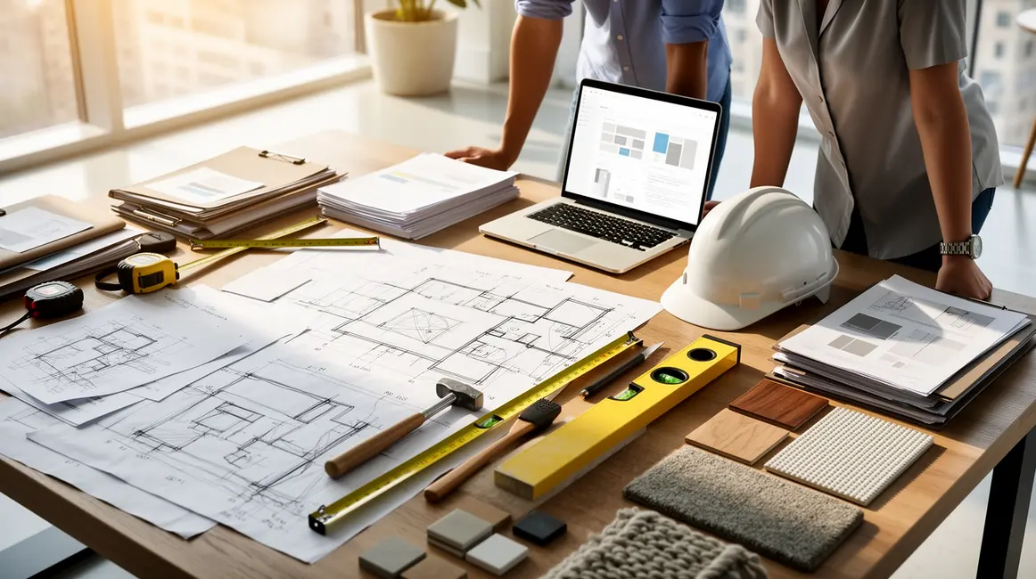 plan de rénovation sur bureau avec plans et outils