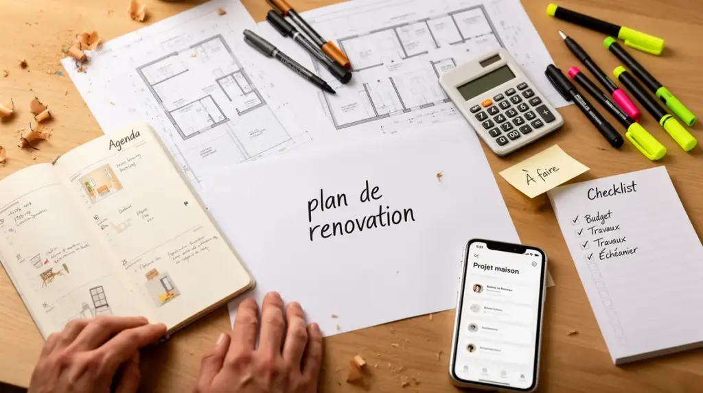 plan renovation checklist sur bureau vue du dessus