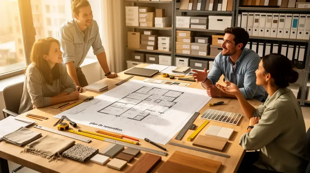 Bureau aménagé avec plans et outils, plan de rénovation petit budget