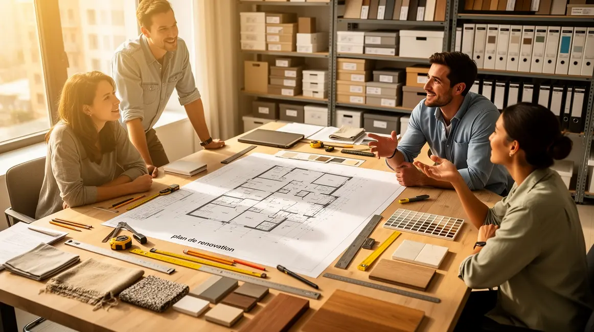 Bureau aménagé avec plans et outils, plan de rénovation petit budget