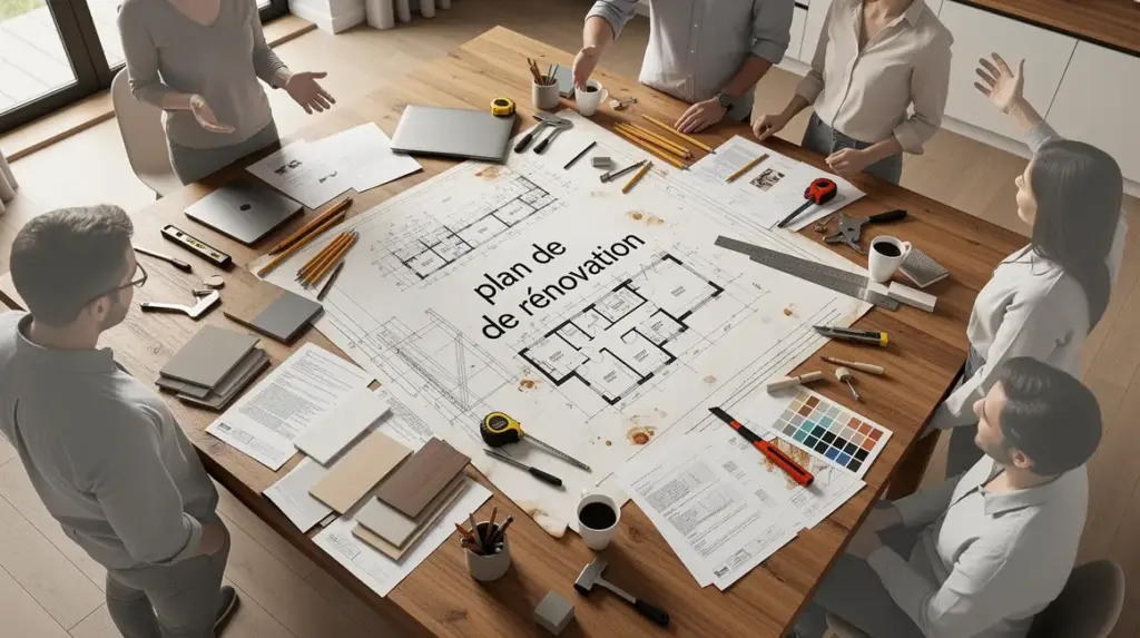plan de rénovation sur table avec outils et documents
