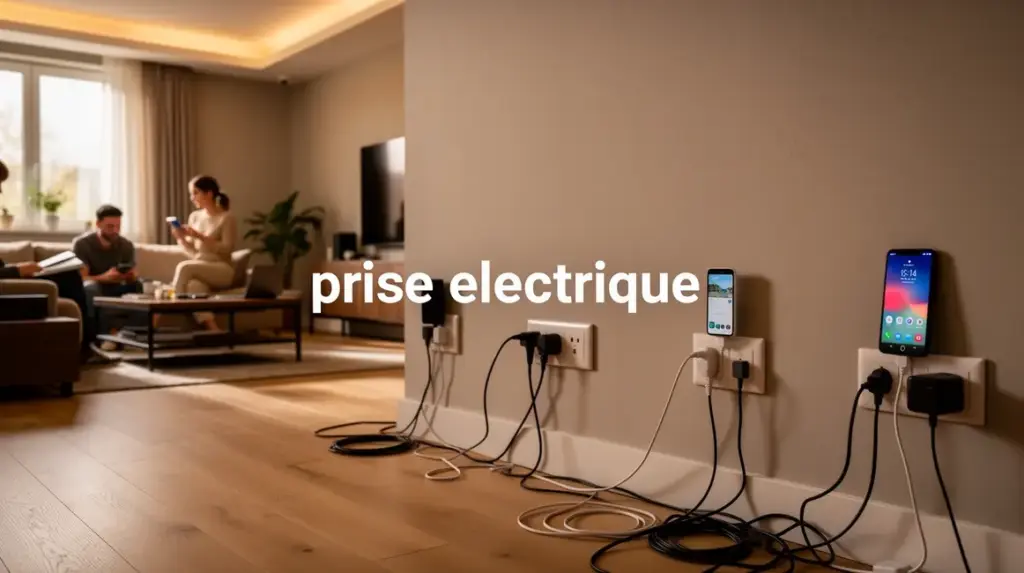 Salon moderne avec plusieurs appareils branches sur prise electrique