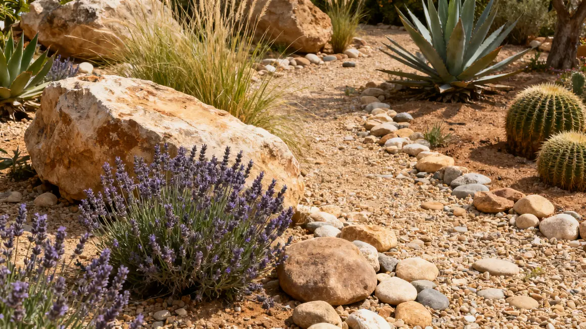 photo jardin sec avec graviers galets et plantes mediterraneennes