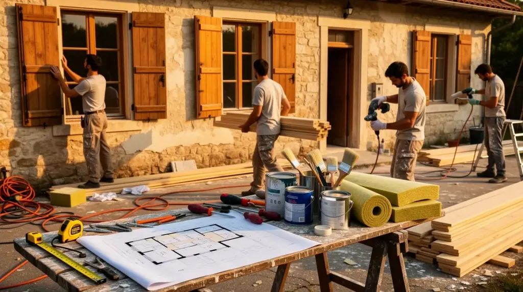 image de chantier rénovation maison ancienne avec outils et plan