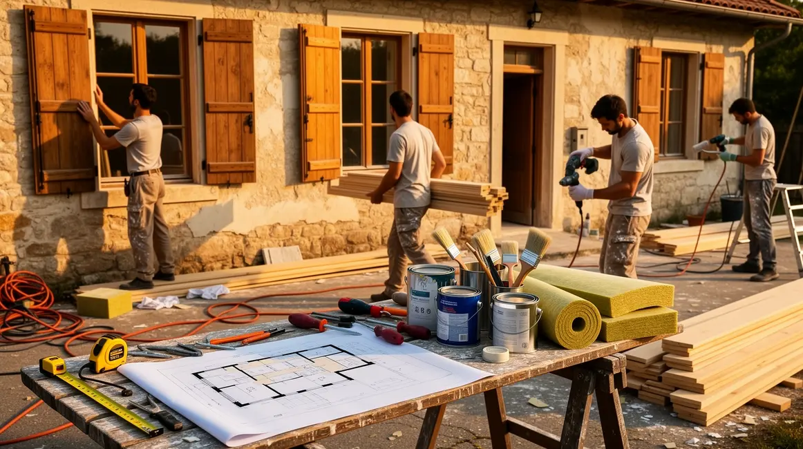Rénovation maison ancienne : ordre logique des travaux 2 image de chantier rénovation maison ancienne avec outils et plan