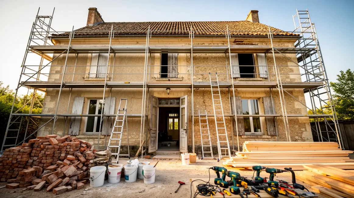 Photo renovation maison ancienne echafaudages materiaux chantier