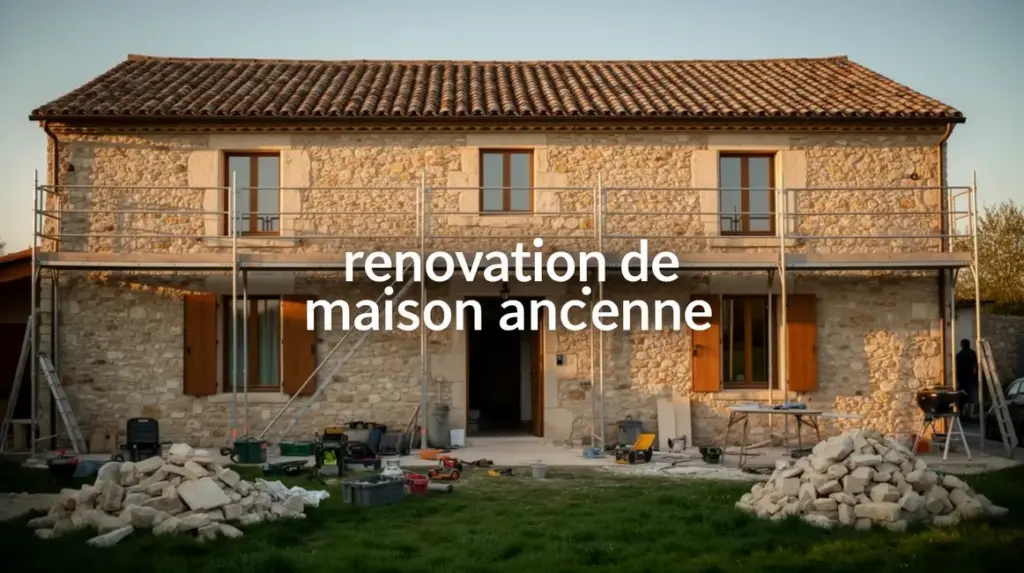 Façade maison ancienne pierre avec échafaudage et outils rénovation
